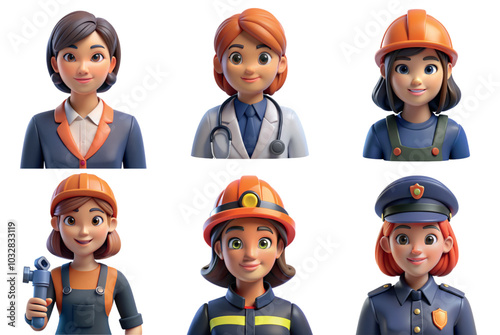 Collection of 3d female characters representing various careers and professions
