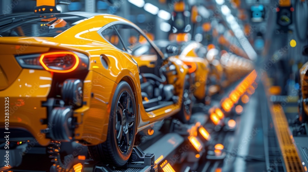 High-performance sports car on assembly line in factory. High-performance sports car on assembly line in factory.