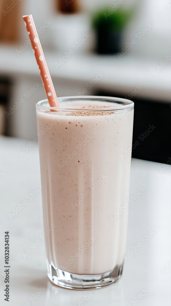 A tall glass of pink smoothie with a pink and white striped straw, perfect for a refreshing treat. A tall glass of pink smoothie with a pink and white striped straw, perfect for a refreshing treat.