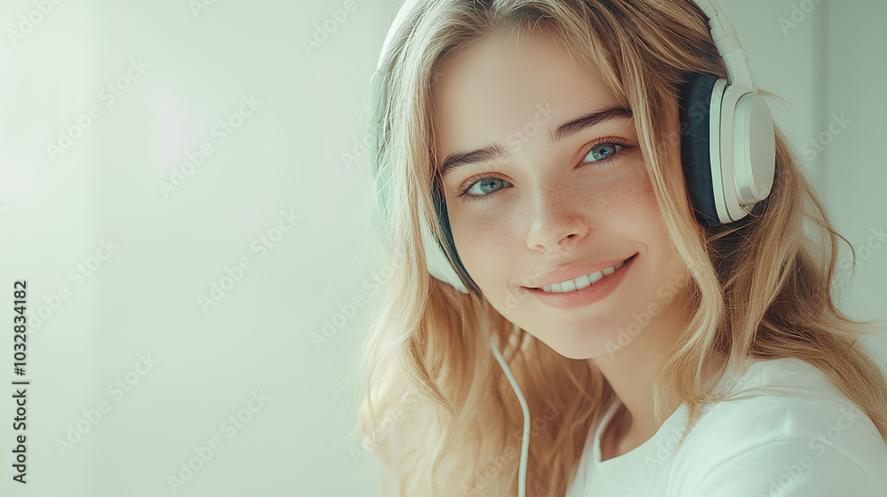 a girl with blonde hair in headphones, in a white shirt, on a light background a girl with blonde hair in headphones, in a white shirt, on a light background