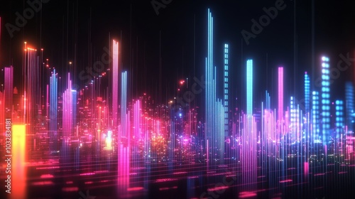 Vibrant, abstract visualization of digital sound waves featuring illuminated bars in pink, blue, and orange against a dark background.