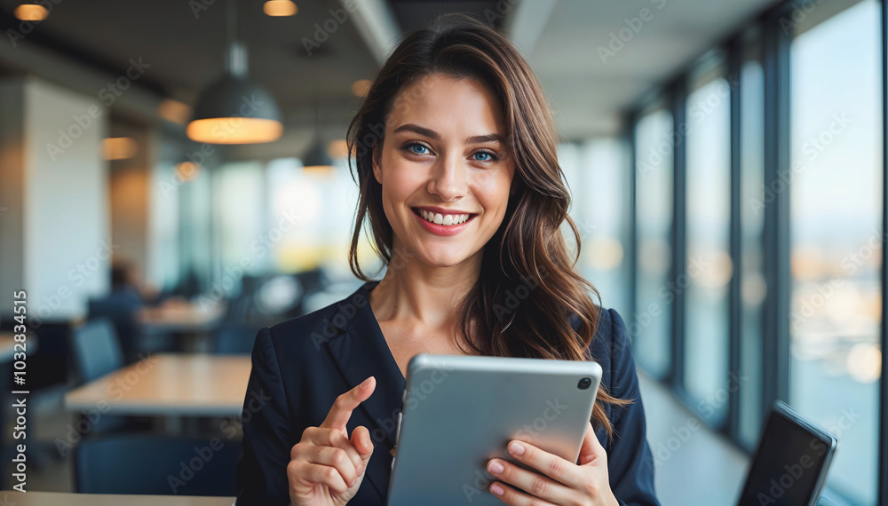 Portrait of beautiful elegant brunette businesswoman holding tablet, working in office with smile, business people