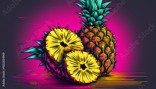 A charming hand-drawn illustration of a whole fresh pineapple, showcasing its unique textured skin and vibrant crown of spiky green leaves.