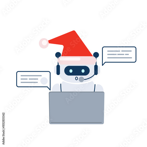 Robot chatbot wishes Happy New Year and Christmas. Technology and AI content generator. Customer care.