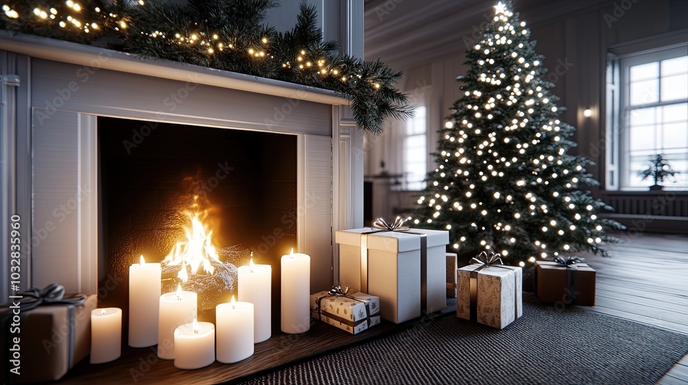 The cozy living room boasts a beautifully decorated Christmas tree by a warm fireplace, twinkling lights, and elegantly wrapped gifts, creating a festive vibe The cozy living room boasts a beautifully decorated Christmas tree by a warm fireplace, twinkling lights, and elegantly wrapped gifts, creating a festive vibe