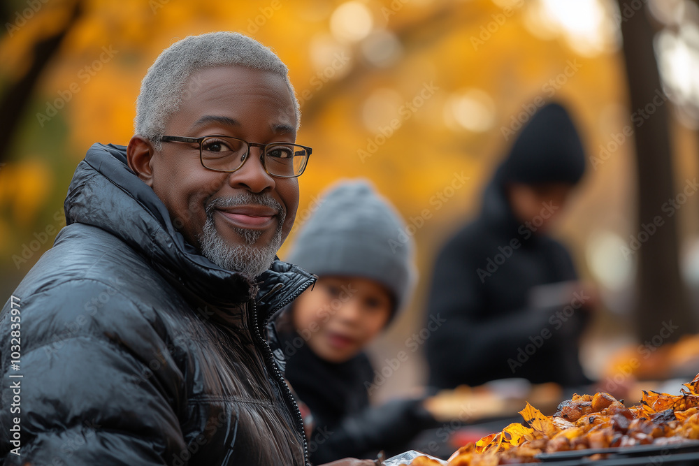 Joyful family gathering in autumn with a man enjoying delicious food outdoors in a vibrant park setting Joyful family gathering in autumn with a man enjoying delicious food outdoors in a vibrant park setting