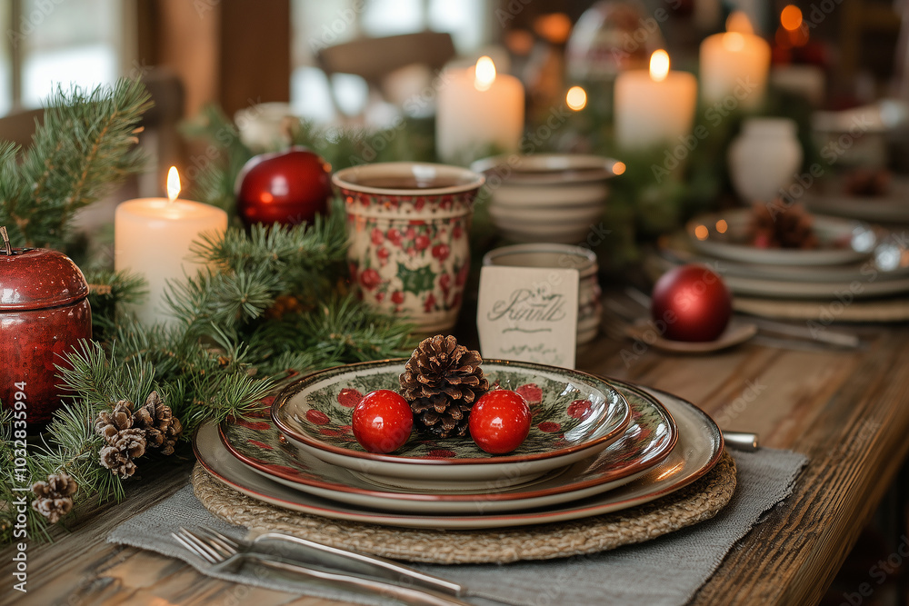 A beautifully set festive dining table adorned with candles, pine, and seasonal decorations, creating a warm, inviting atmosphere for gatherings A beautifully set festive dining table adorned with candles, pine, and seasonal decorations, creating a warm, inviting atmosphere for gatherings