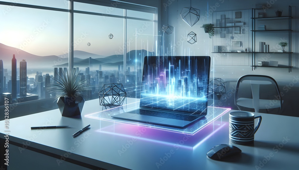 Futuristic Digital Workspace with Holographic Laptop in Modern City Office Futuristic Digital Workspace with Holographic Laptop in Modern City Office