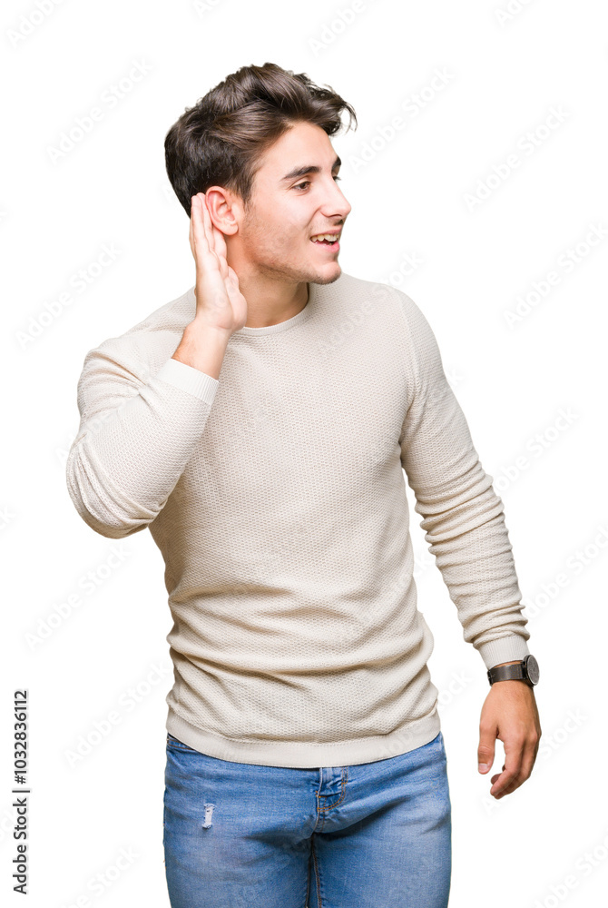 Young handsome man over isolated background smiling with hand over ear listening an hearing to rumor or gossip. Deafness concept. Young handsome man over isolated background smiling with hand over ear listening an hearing to rumor or gossip. Deafness concept.