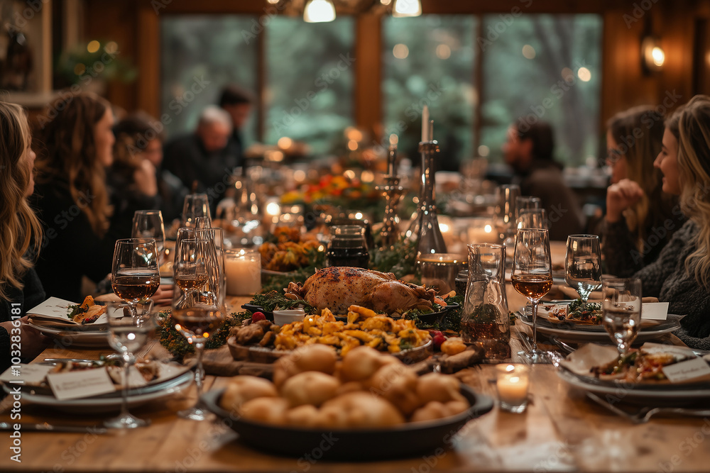 Naklejka premium Gathering around a beautifully set dining table filled with festive dishes and wine during an intimate evening in a rustic setting