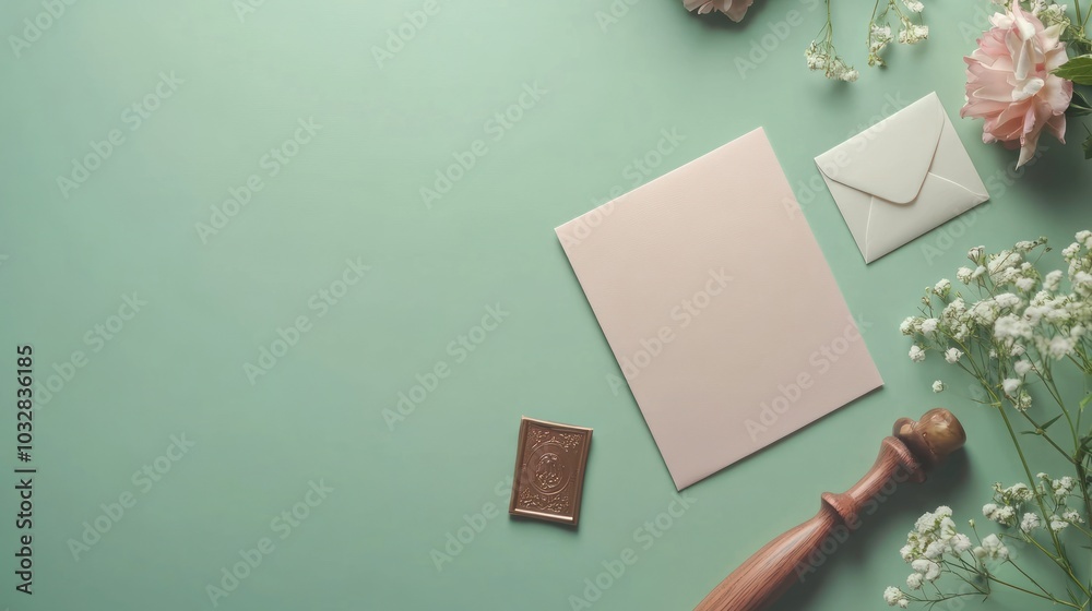 A serene flat lay featuring stationery, a wax seal, and flowers, ideal for invitations or letters. A serene flat lay featuring stationery, a wax seal, and flowers, ideal for invitations or letters.