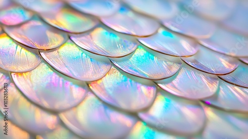 Enchanting Iridescent Fish Scale Close-Up with Intricate Patterns and Vibrant Colors. Ultra-Detailed Macro Photography.