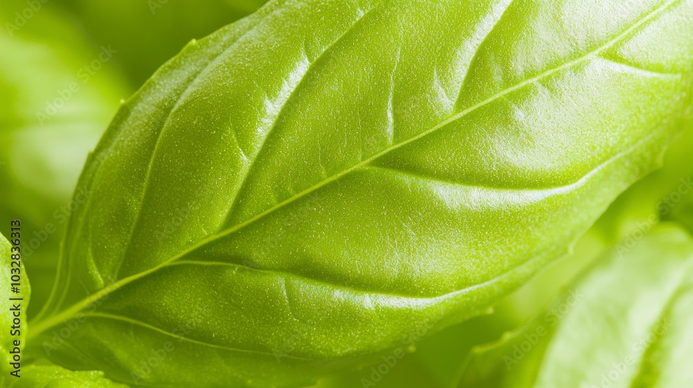 Vibrant Close-Up of Fresh Basil Leaf with Rich Green Color, Glossy Surface, and Detailed Veining Vibrant Close-Up of Fresh Basil Leaf with Rich Green Color, Glossy Surface, and Detailed Veining
