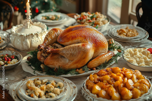 A beautiful festive table setting featuring a golden roasted turkey and various delicious side dishes during a holiday celebration