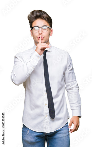 Young business man wearing glasses over isolated background asking to be quiet with finger on lips. Silence and secret concept.