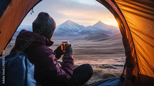 A hiker sits inside a tent, sipping hot tea and gazing at the stunning view.  Mountains rise up in the distance, their peaks capped with snow and ice, as the sun sets over the valley in Kazakhstan.
