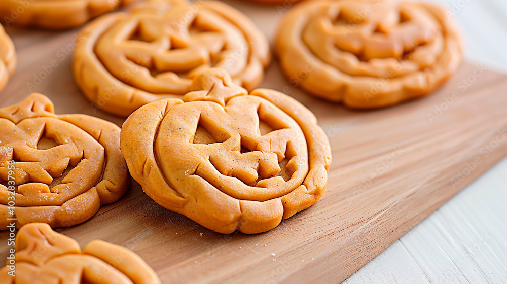 Pumpkin cookies with Halloween designs and festive decorations on a wooden board Pumpkin cookies with Halloween designs and festive decorations on a wooden board
