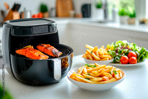 deep fryer with fried tasty pieces of fish and baked potatoes on the kitchen table