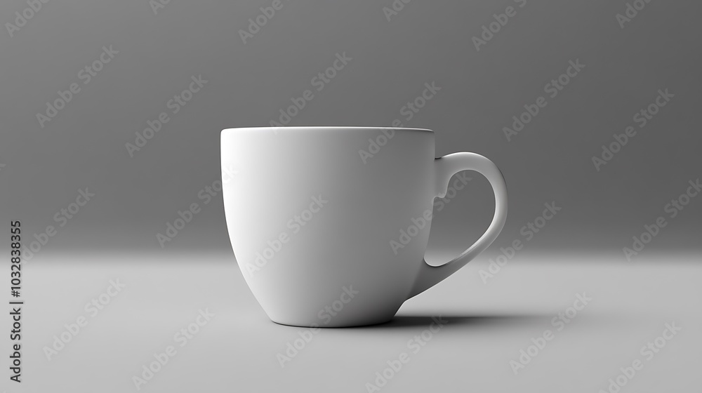 A plain white ceramic mug with a rounded body and a handle, isolated against a grey background. A plain white ceramic mug with a rounded body and a handle, isolated against a grey background.