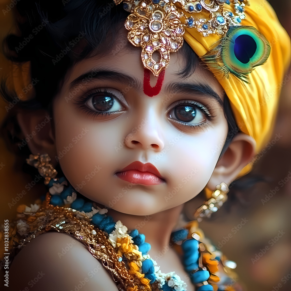 Krishna's Gaze: A captivating portrait of a young boy dressed as Krishna, the Hindu god, with piercing eyes and a gentle expression. His ornate headpiece, adorned with a peacock feather. Krishna's Gaze: A captivating portrait of a young boy dressed as Krishna, the Hindu god, with piercing eyes and a gentle expression. His ornate headpiece, adorned with a peacock feather.