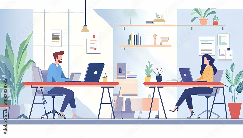 Modern Coworking Space: A stylish illustration of a contemporary office space, featuring two colleagues working diligently at their desks amidst a vibrant and plant-filled environment.