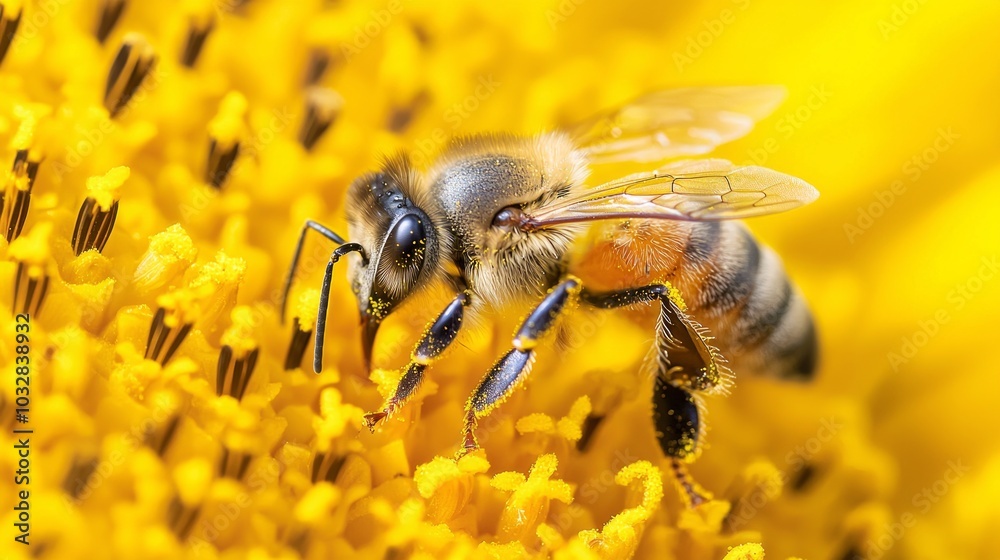 Ultra-Detailed Macro Shot of Honeybee Pollinating Bright Yellow Sunflower with Fine Leg Hairs and Petal Texture Ultra-Detailed Macro Shot of Honeybee Pollinating Bright Yellow Sunflower with Fine Leg Hairs and Petal Texture