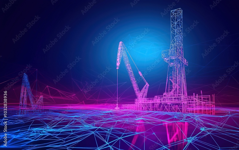 Digital representation of an offshore oil rig in a futuristic, neon-inspired environment against a blue and pink gradient background Digital representation of an offshore oil rig in a futuristic, neon-inspired environment against a blue and pink gradient background