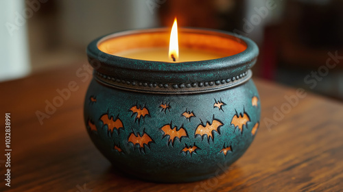 A Cauldron Candle Holder with Tiny Bat Decorations