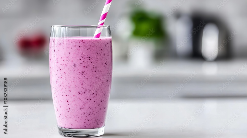 A tall glass of berry smoothie with a pink and white straw on a white countertop. A tall glass of berry smoothie with a pink and white straw on a white countertop.