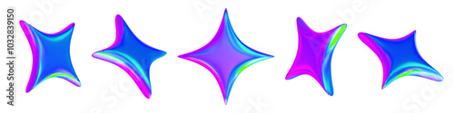 3d neon or holographic sparkle star set. Stock vector illustration on isolated background.	