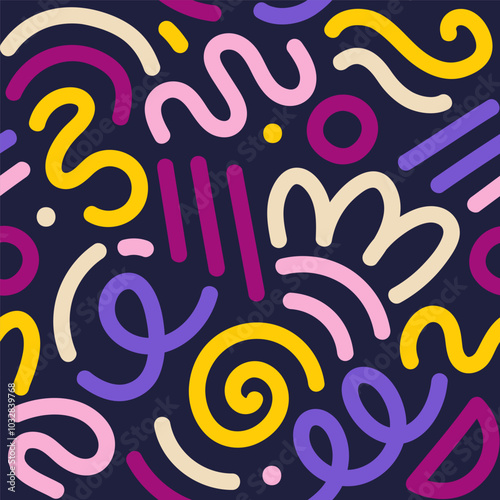Memphis geometric seamless pattern. Multicolor abstract background in retro 80s, 90s style with various shapes: circles, semicircles, dots, zigzags, spirals, wavy lines. Cute kid doodle design.