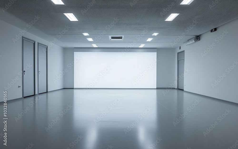 Empty white room with two doors and bright lights. Empty white room with two doors and bright lights.