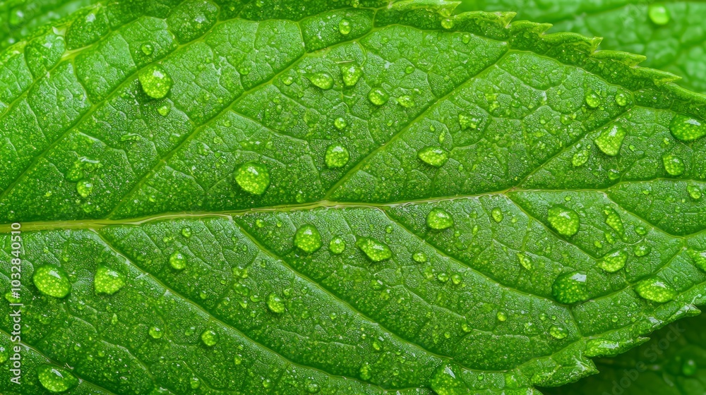 Fresh Mint Leaf Close-Up with Water Droplets - Detailed Macro Photography of Vibrant Green Herb Fresh Mint Leaf Close-Up with Water Droplets - Detailed Macro Photography of Vibrant Green Herb