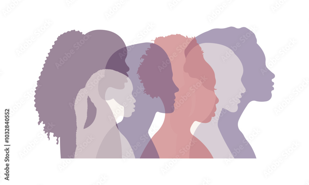 Silhouettes of women of different nationalities standing side by side.Vector illustration. Silhouettes of women of different nationalities standing side by side.Vector illustration.