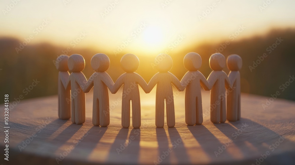 Wooden figures holding hands at sunset, symbolizing unity and connection. Wooden figures holding hands at sunset, symbolizing unity and connection.