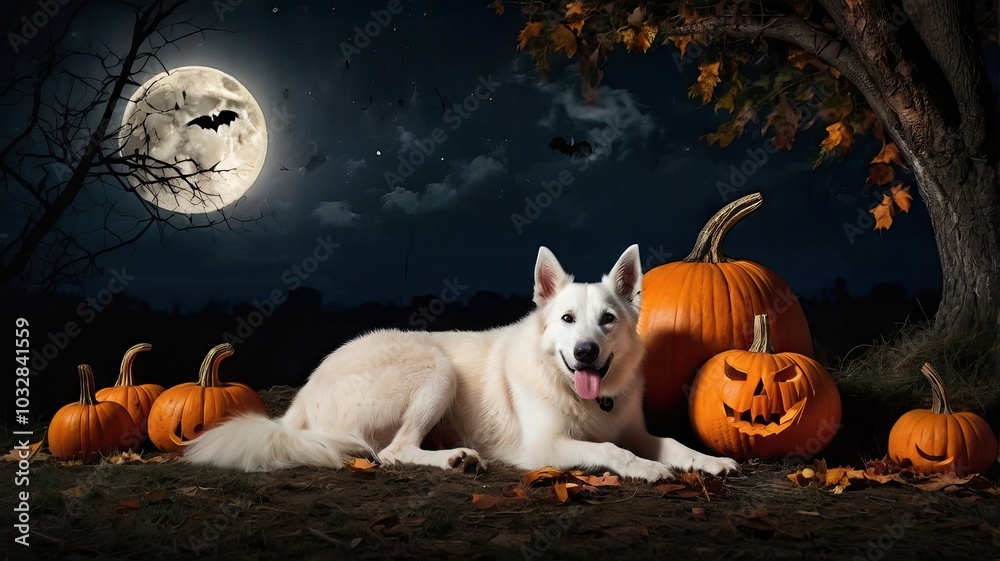 Fototapeta premium A white Swiss Shepherd with a pumpkin on the background of the moon on a cold Halloween night, creating a cozy and mysterious atmosphere. Bats are circling in the air, adding to the mystery.