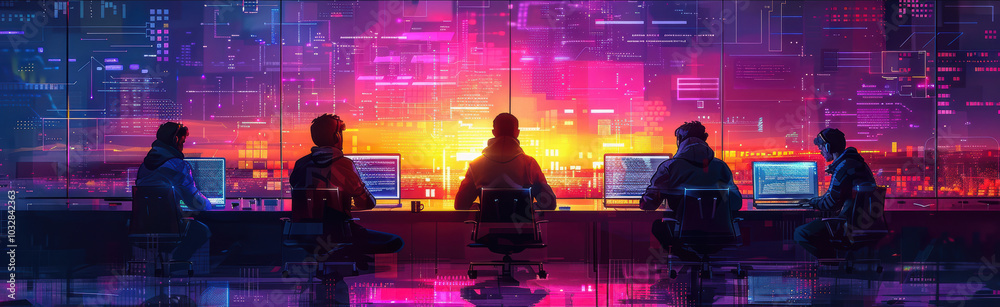 Group of creative coders brainstorming together in a colorful, dynamic workspace Group of creative coders brainstorming together in a colorful, dynamic workspace