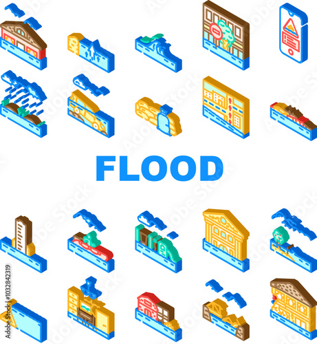 flood water disaster storm icons set vector. rain river, surge inundation, overflow emergency, evacuation, rescue, damage flood water disaster storm isometric sign illustrations