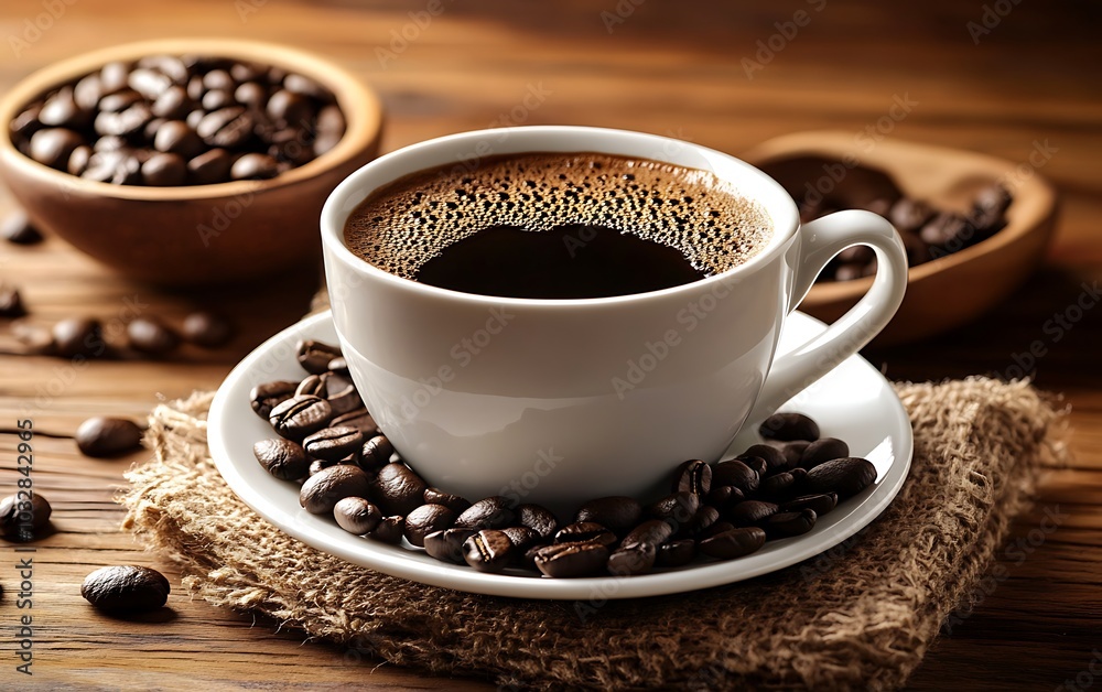 A white cup of freshly brewed coffee with coffee beans on a rustic wooden table. A white cup of freshly brewed coffee with coffee beans on a rustic wooden table.