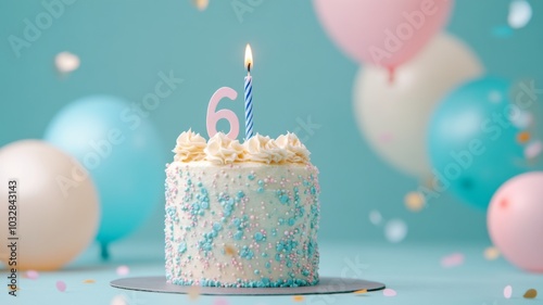 A sixth birthday cake with 6 candle on a pastel blue background, with balloons and confetti. 