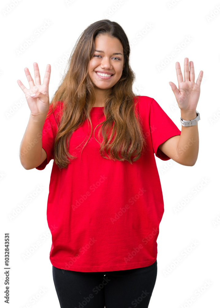 Young beautiful brunette woman wearing red t-shirt over isolated background showing and pointing up with fingers number nine while smiling confident and happy. Young beautiful brunette woman wearing red t-shirt over isolated background showing and pointing up with fingers number nine while smiling confident and happy.
