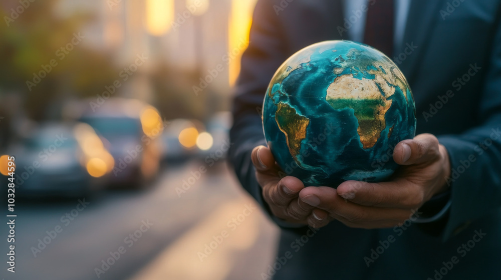 Fototapeta premium A businessman holds a globe, representing a commitment to sustainable transportation. He uses eco-friendly methods to reduce carbon emissions, making his business more environmentally responsible.