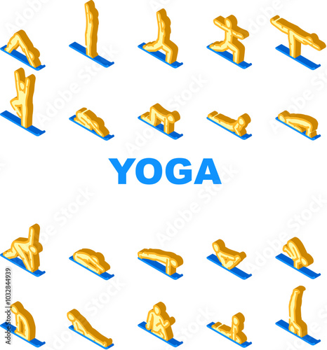 yoga exercises meditation icons set vector. flexibility balance, strength flow, mindfulness relaxation, posture, alignment yoga exercises meditation isometric sign illustrations