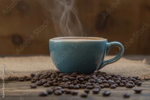 A steaming cup of coffee and some scattered coffee beans on a wooden background. 