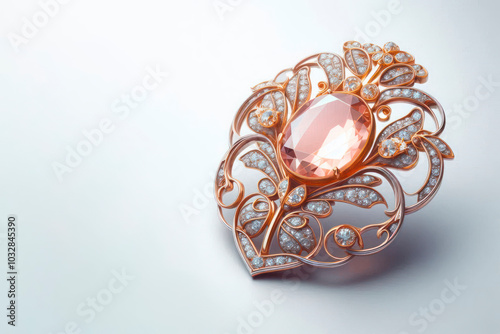 Brooch with a precious stone on a light background. Space for text.