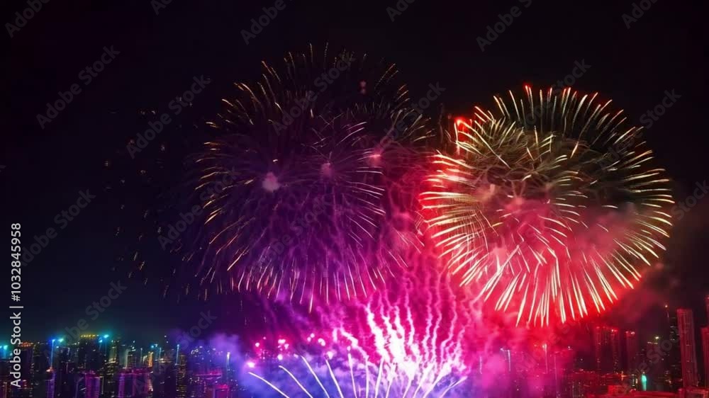 Welcome 2025 Fireworks Show Bold '2025' text exploding into view with colorful fireworks bursting across the sky, set against a night cityscape. Welcome 2025 Fireworks Show Bold '2025' text exploding into view with colorful fireworks bursting across the sky, set against a night cityscape.