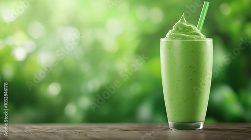 Refreshing green smoothie with a straw, perfect for a summer day.