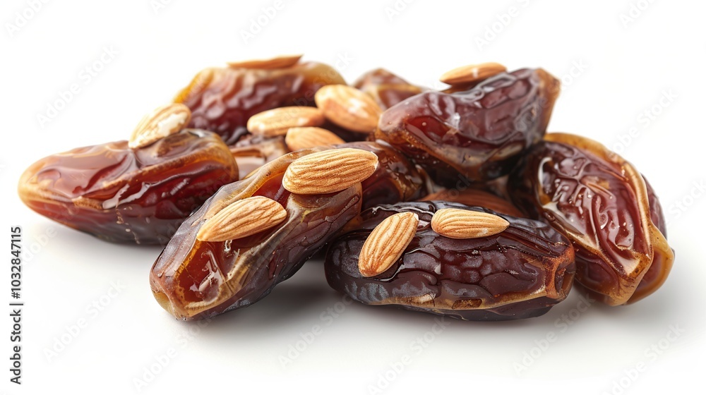 Close-up of dates and almonds isolated on white background. Close-up of dates and almonds isolated on white background.
