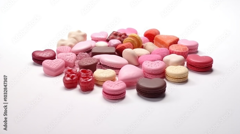 A variety of heart-shaped candies and gummies in pink, red, and white, arranged on a white surface. A variety of heart-shaped candies and gummies in pink, red, and white, arranged on a white surface.