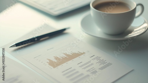 Financial graph placed on white desk with pen and coffee cup generate ai